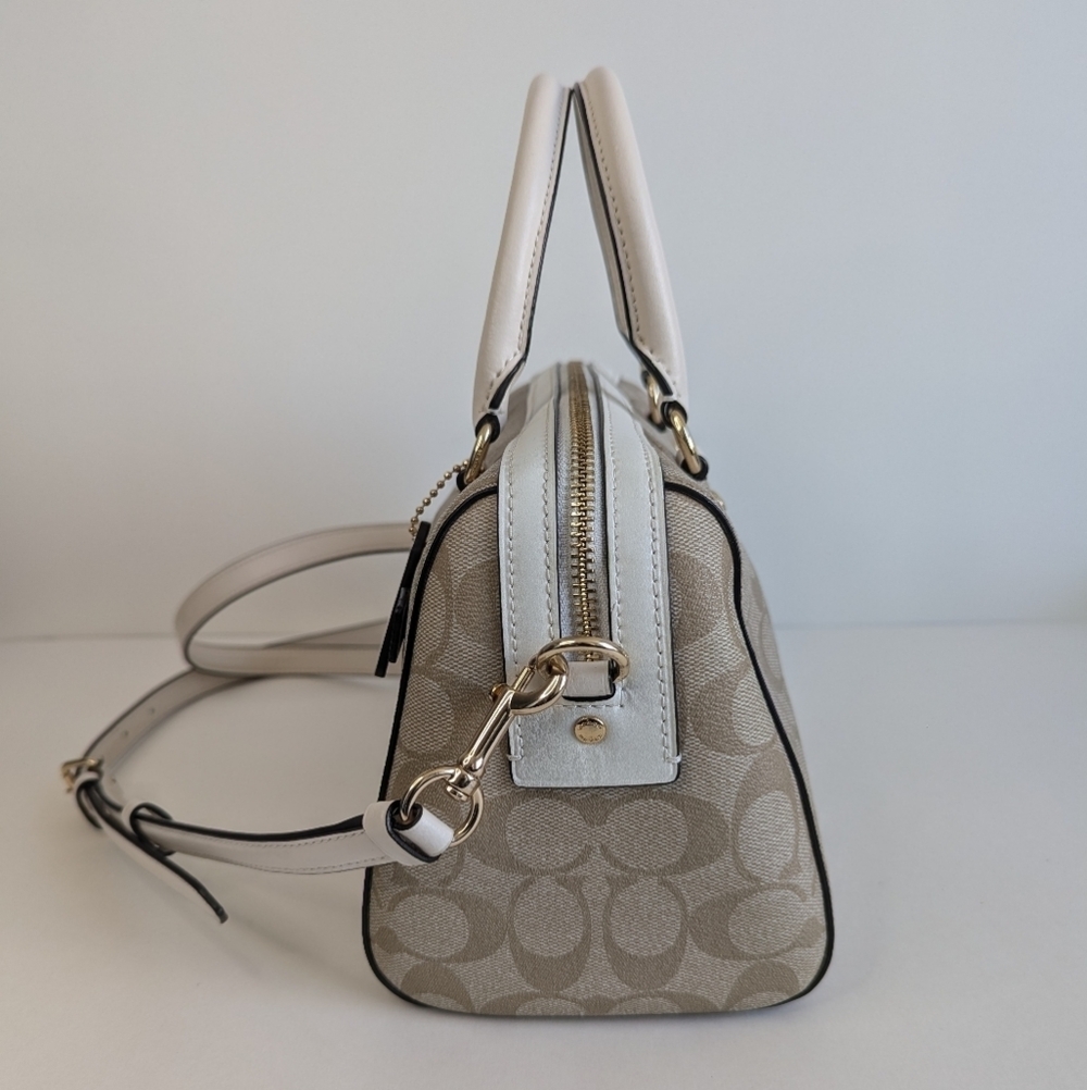 Coach Rowan Satchel Bag Signature Logo Taupe Canvas Leather Trim Crossbody Purse - Picture 5 of 16